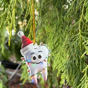 Holiday Tooth Ornament - Cute White Tooth with Santa Hat